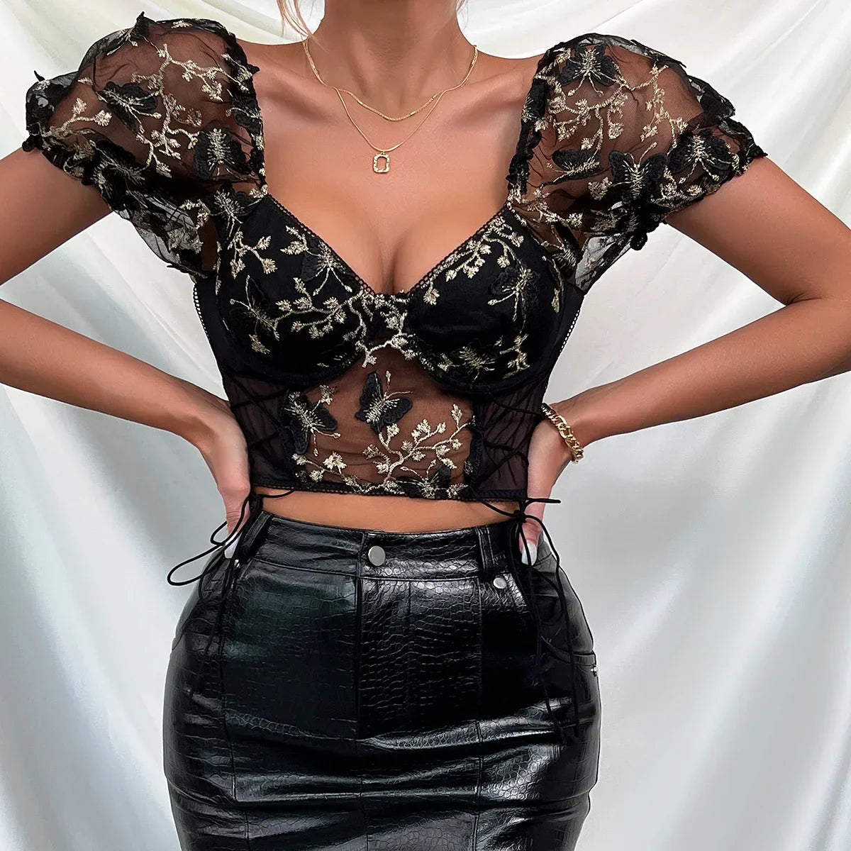 Butterfly Embroidered Mesh Puff Sleeve Lace-up Corset Top