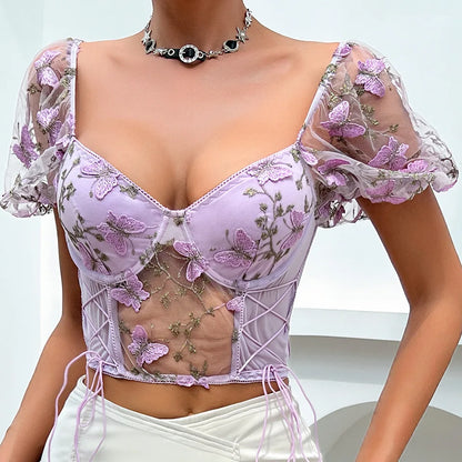 Butterfly Embroidered Mesh Puff Sleeve Lace-up Corset Top