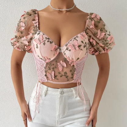 Butterfly Embroidered Mesh Puff Sleeve Lace-up Corset Top
