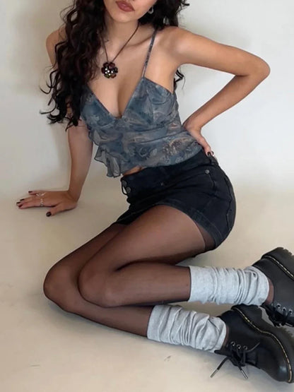 Floral Spaghetti V-Neck Crop Top