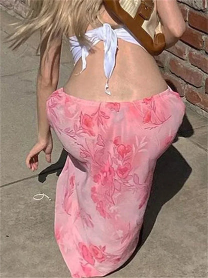 Floral Chiffon Low Waist Casual Retro Skirt