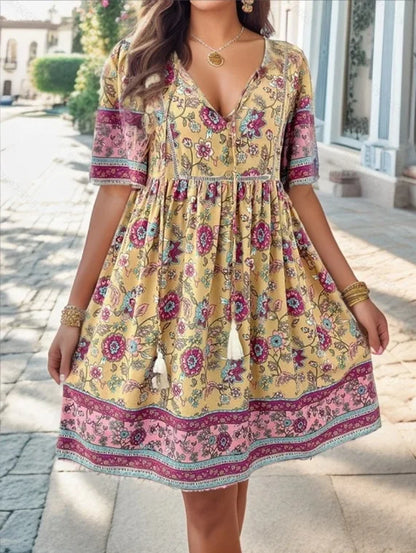 Boho Beach Floral Print Mini Floral Dress