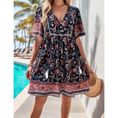 Boho Beach Floral Print Mini Floral Dress