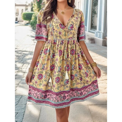 Boho Beach Floral Print Mini Floral Dress