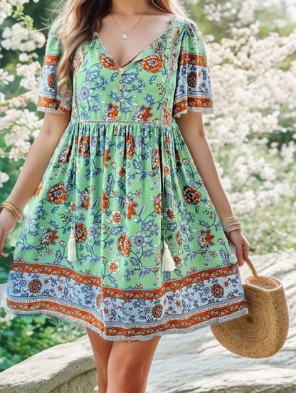 Boho Beach Floral Print Mini Floral Dress