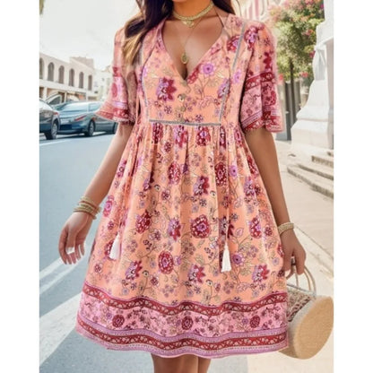 Boho Beach Floral Print Mini Floral Dress
