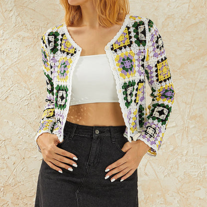 Flower Button-Down Bohemian Long Sleeve Knit Cardigan