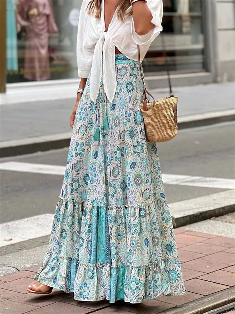 Women Flowy Boho Skirt Printed Ruffled Hem Summer Vacation Club Skirt
