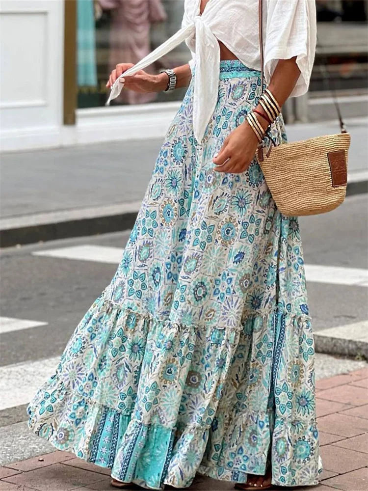 Women Flowy Boho Skirt Printed Ruffled Hem Summer Vacation Club Skirt