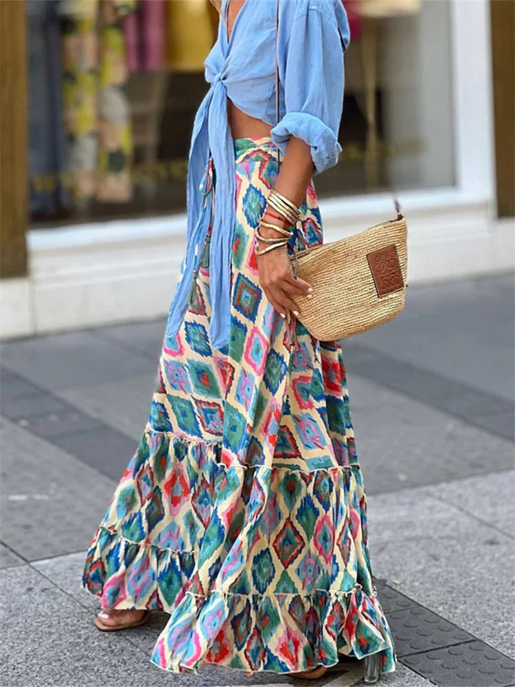 Women Flowy Boho Skirt Printed Ruffled Hem Summer Vacation Club Skirt
