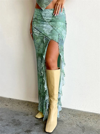 Frill Tulle Floral Low Waist High Split Bohemian Skirt