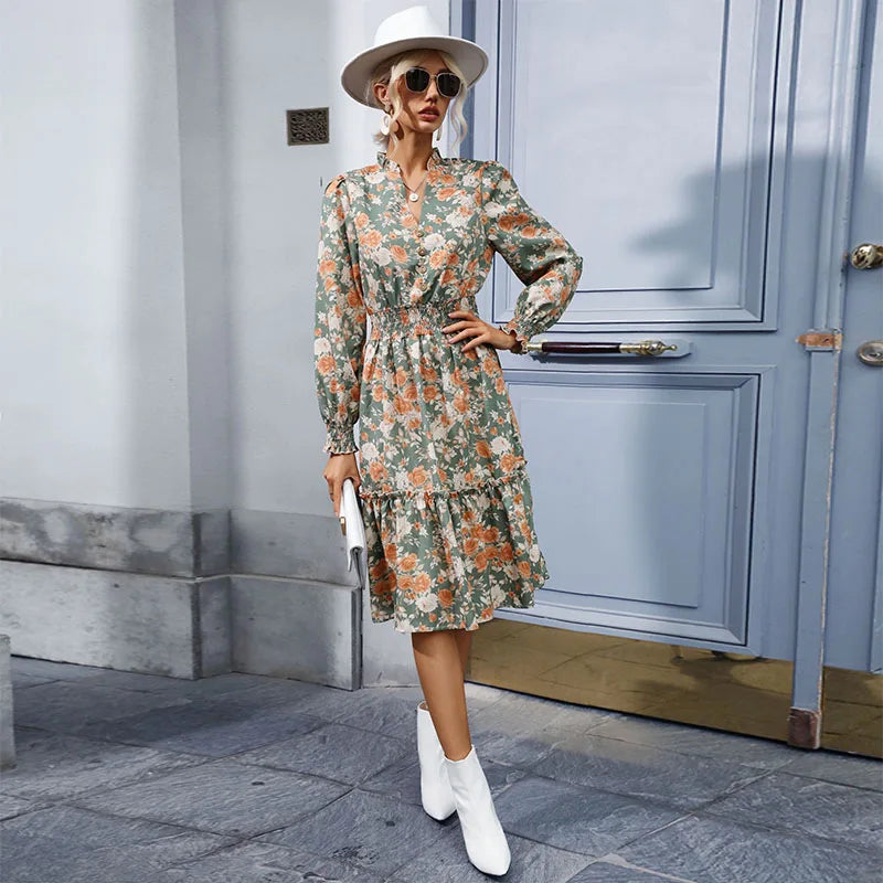 Casual A-line V-neck Floral Dress