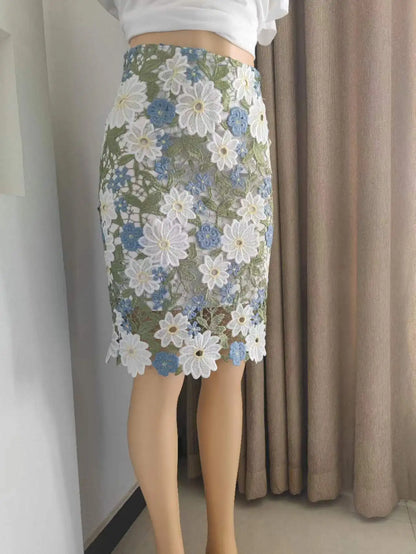 Green Lace Pencil Skirt Knee Length Bi-material Skirt