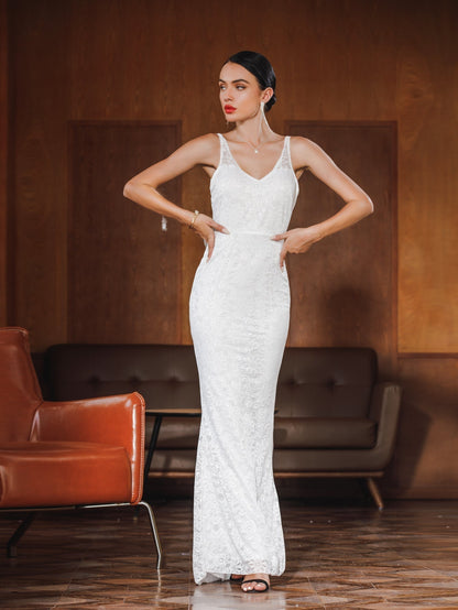 V-Neck Spaghetti Strap Floral Lace Overlay Column Maxi Dress