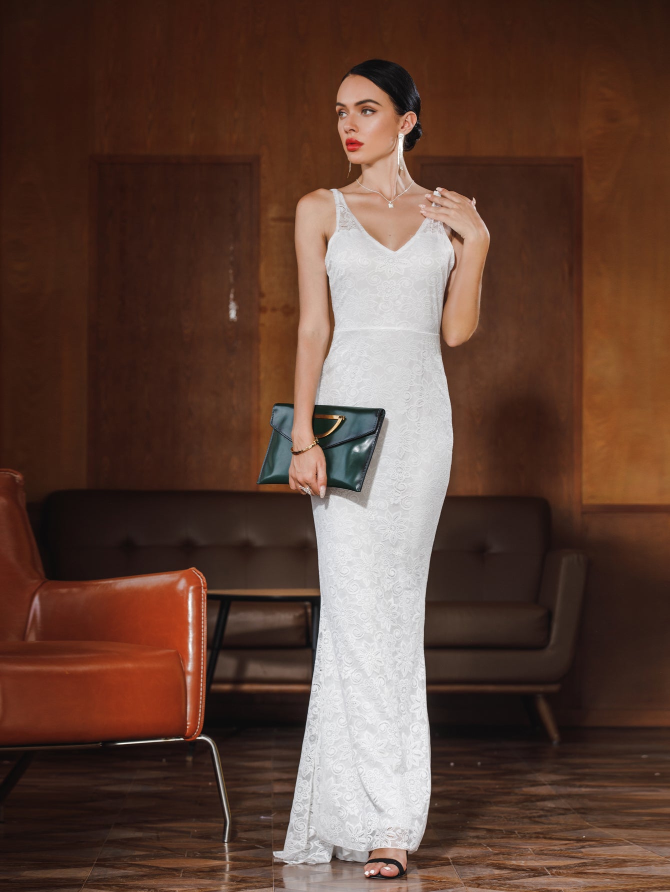 V-Neck Spaghetti Strap Floral Lace Overlay Column Maxi Dress