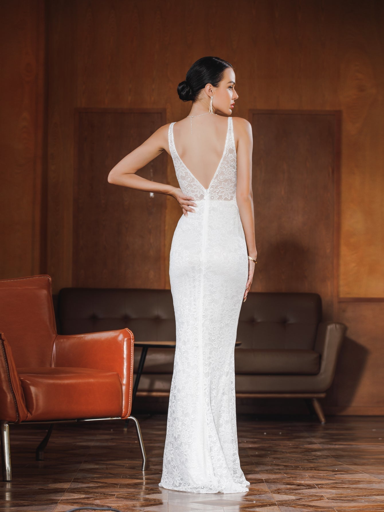 V-Neck Spaghetti Strap Floral Lace Overlay Column Maxi Dress