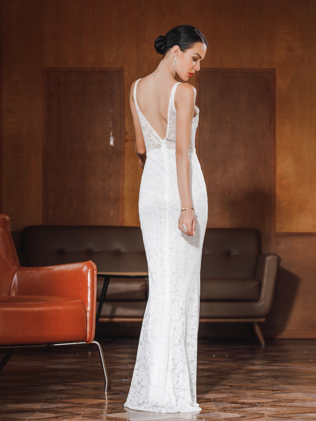 V-Neck Spaghetti Strap Floral Lace Overlay Column Maxi Dress