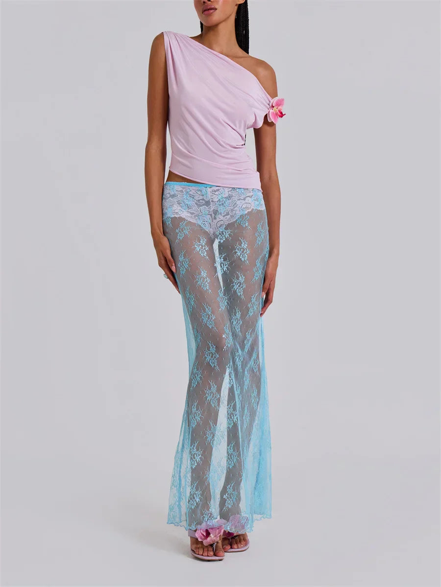 Lace Sheer Maxi Split Sexy See Through Cover Up Beach Skirt