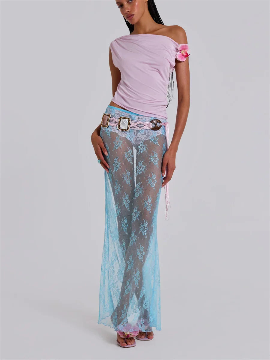 Lace Sheer Maxi Split Sexy See Through Cover Up Beach Skirt