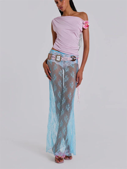 Lace Sheer Maxi Split Sexy See Through Cover Up Beach Skirt