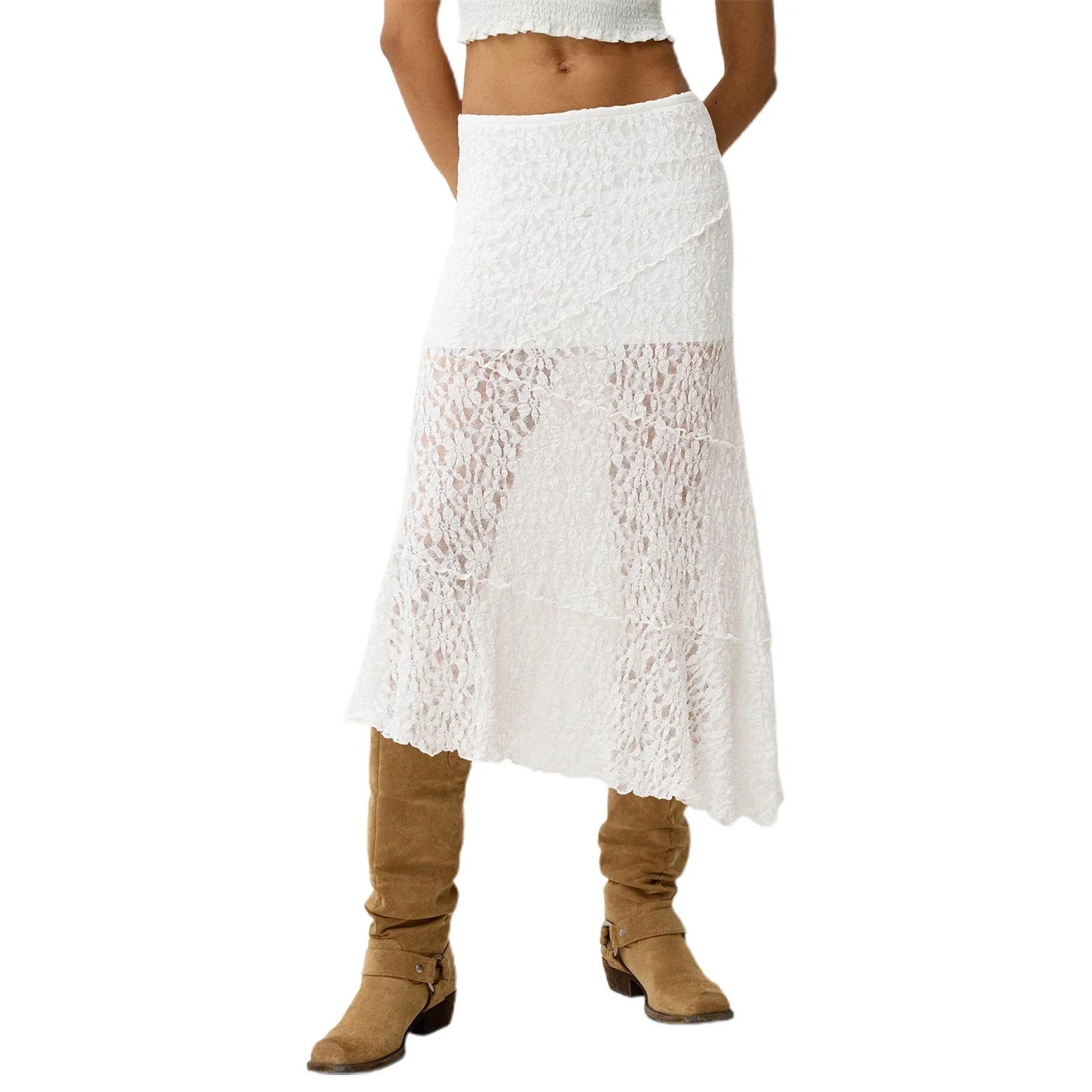 Lace Patchwork Low Waist Summer Long Skirt Casual Skirt