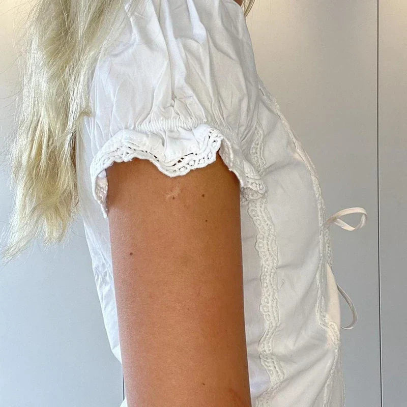 Puff Sleeve Lace Trim Front Tie Crop Top