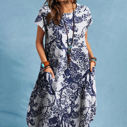 Cotton Linen Loose O-neck Floral Dress