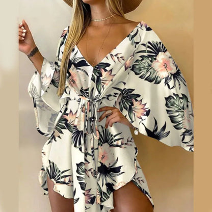 Sexy V-neck Bat Sleeve Bohemian Floral Beach Sundress