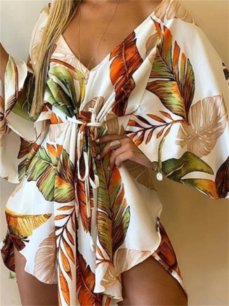 Sexy V-neck Bat Sleeve Bohemian Floral Beach Sundress