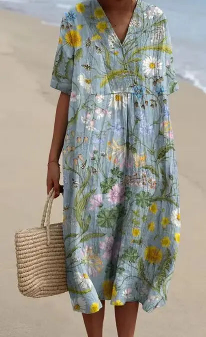 Retro Circle Print Boho Floral Dress