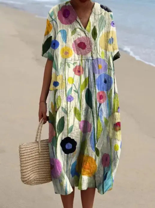 Retro Circle Print Boho Floral Dress