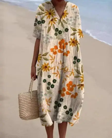 Retro Circle Print Boho Floral Dress