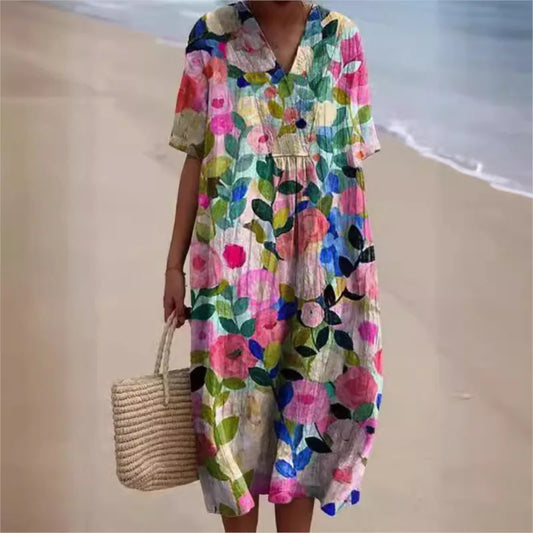Retro Circle Print Boho Floral Dress