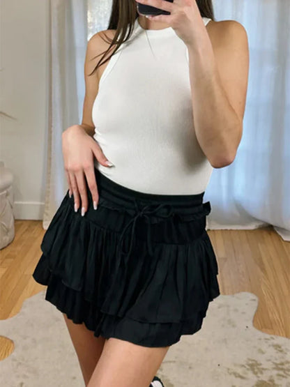 Satin Tiered Flared Pleated Skirt