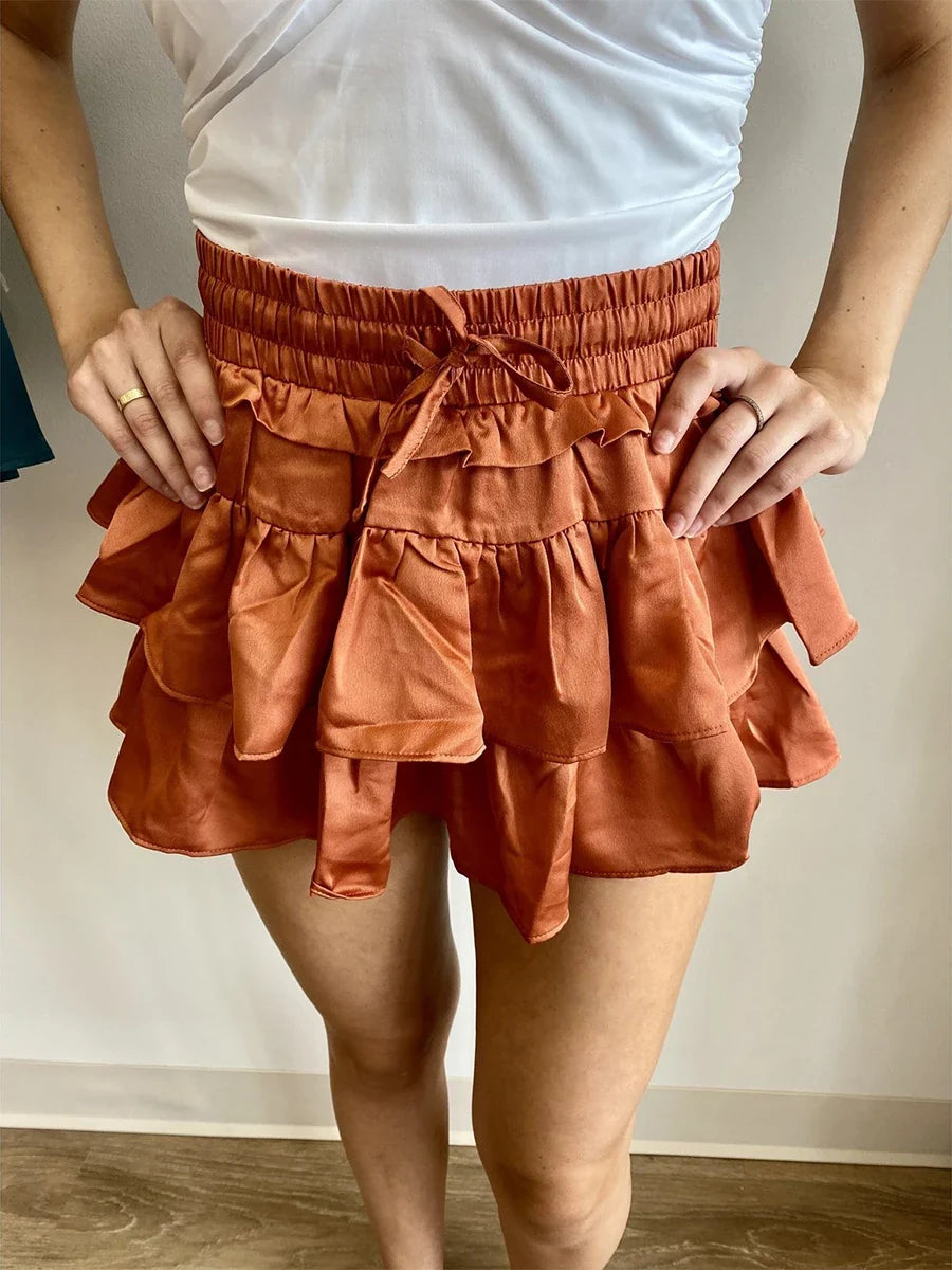 Satin Tiered Flared Pleated Skirt