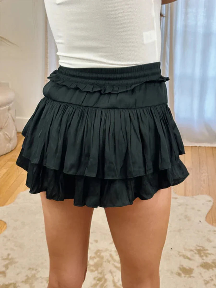Satin Tiered Flared Pleated Skirt