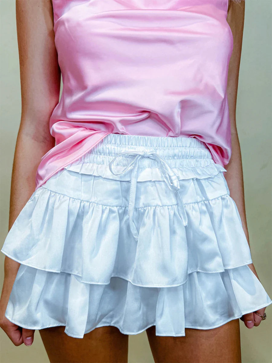 Satin Tiered Flared Pleated Skirt