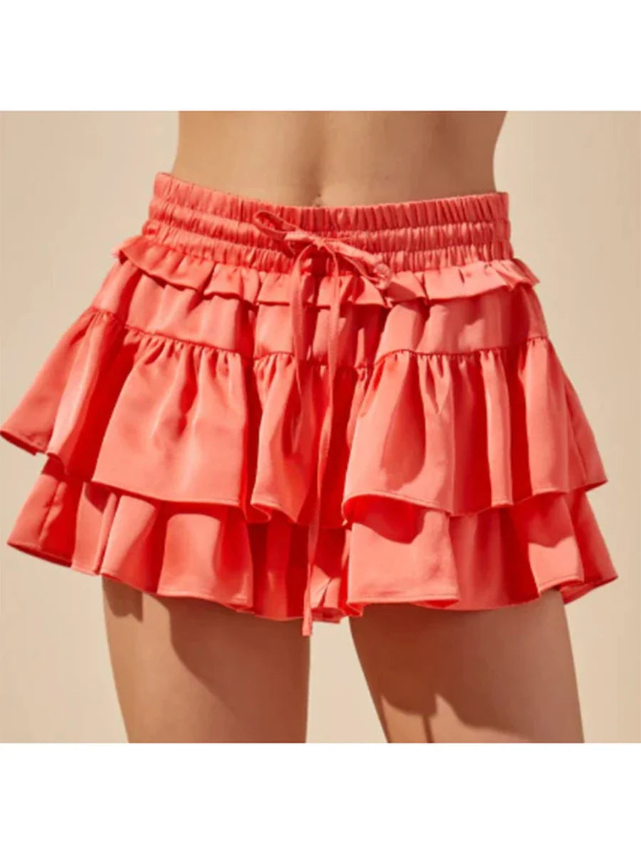 Satin Tiered Flared Pleated Skirt