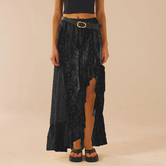 See Through Elastic High Waist Ruffle Asymmetrical Lace Skirt