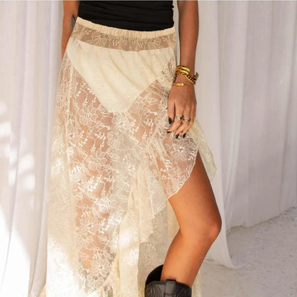 See Through Elastic High Waist Ruffle Asymmetrical Lace Skirt