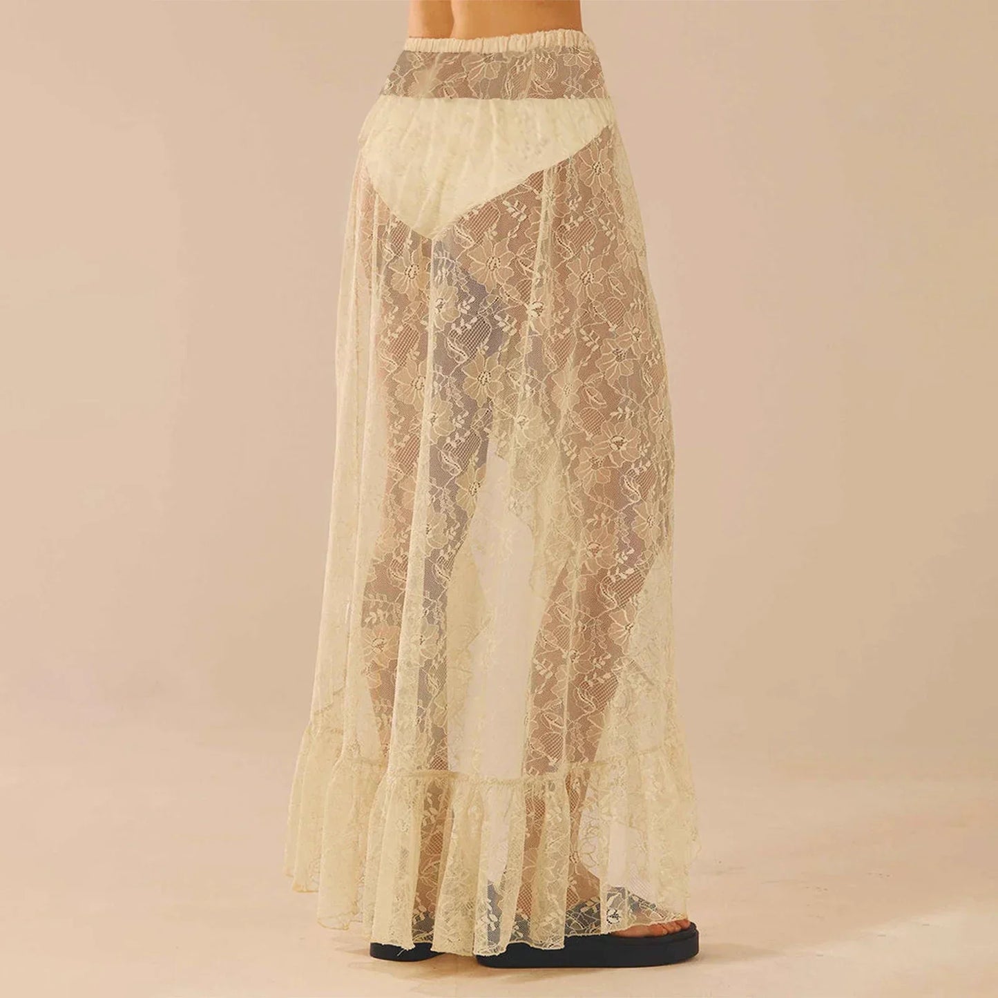 See Through Elastic High Waist Ruffle Asymmetrical Lace Skirt