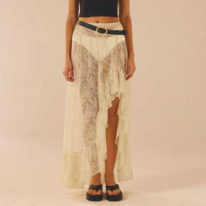 See Through Elastic High Waist Ruffle Asymmetrical Lace Skirt
