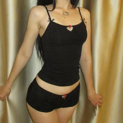 Women Sexy 2 Piece Set Kawaii Spaghetti Strap Camis Crop Tops + Shorts Vintage Pajamas Loungewear Fairy Coquette Y2K Outfits