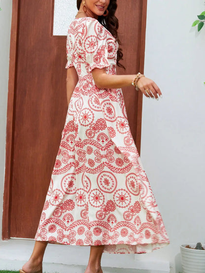 Bohemian High Waist Square Neck Floral Dress