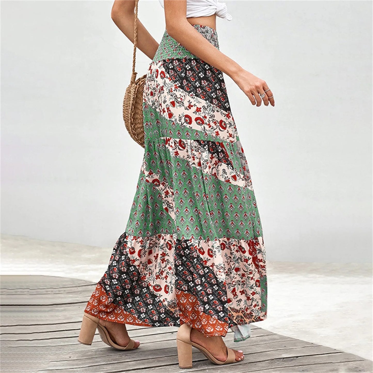 Bohemian Elastic Waist Floral Print Vintage Skirt