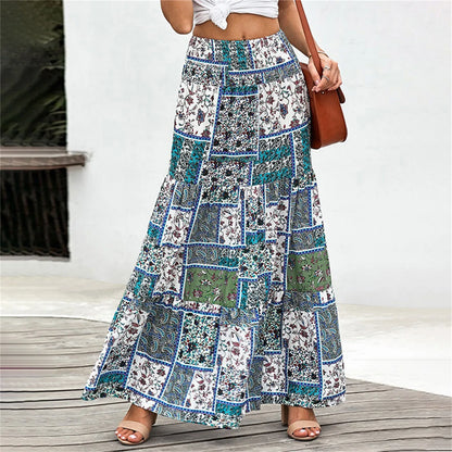 Bohemian Elastic Waist Floral Print Vintage Skirt