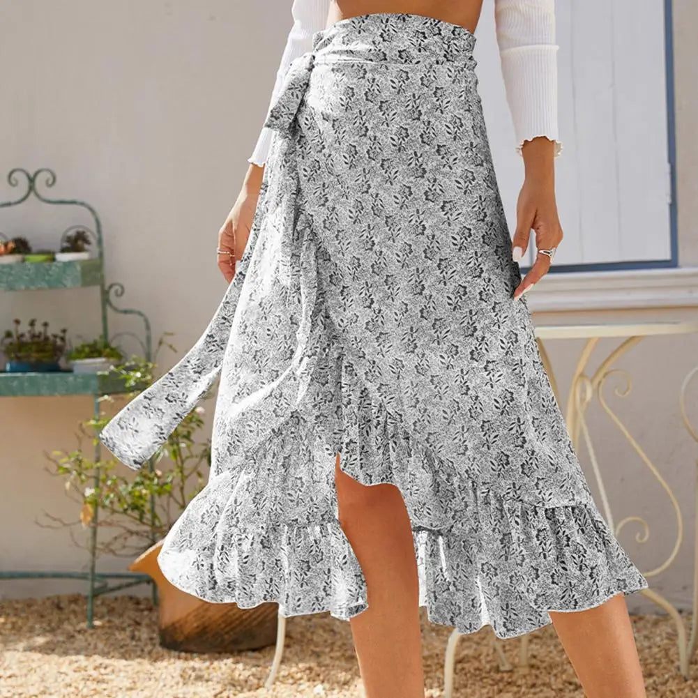 Sweet Breathable Flounce Hemline Slit Design Long Skirt