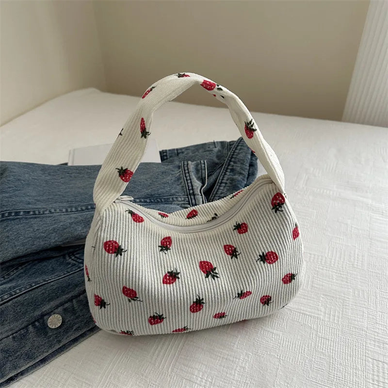 Strawberry Print Corduroy Mini Tote Handbag