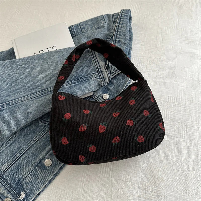 Strawberry Print Corduroy Mini Tote Handbag