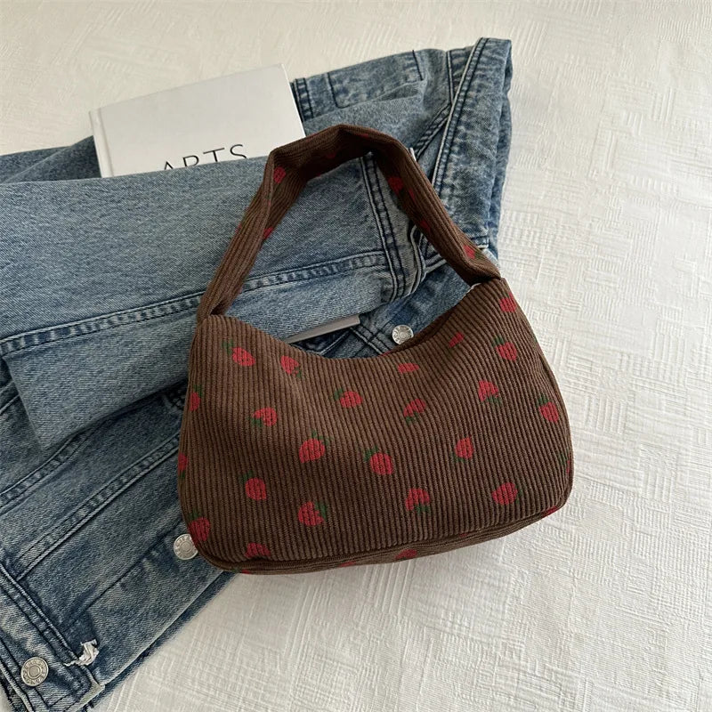 Strawberry Print Corduroy Mini Tote Handbag